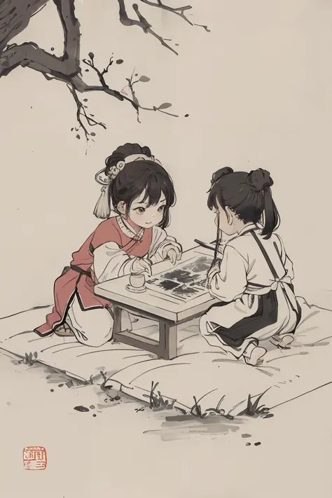 (masterpiece, best quality: 1.2), traditional Chinese ink painting, two children