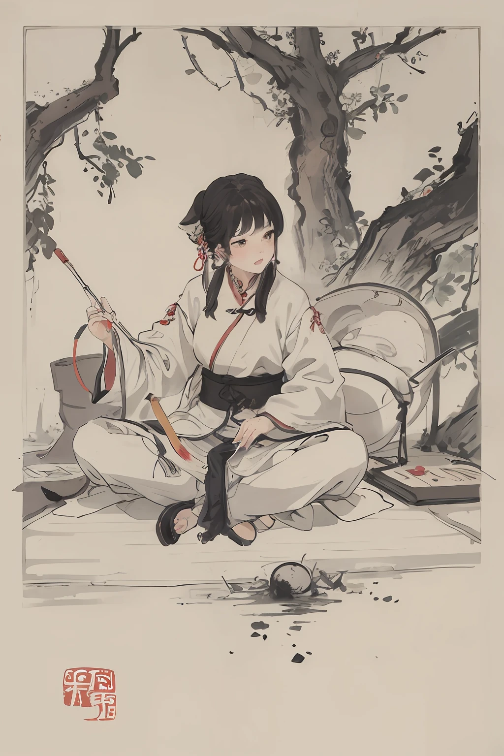 (Obra de arte, melhor qualidade: 1.2), pintura a tinta tradicional chinesa, tiro com arco