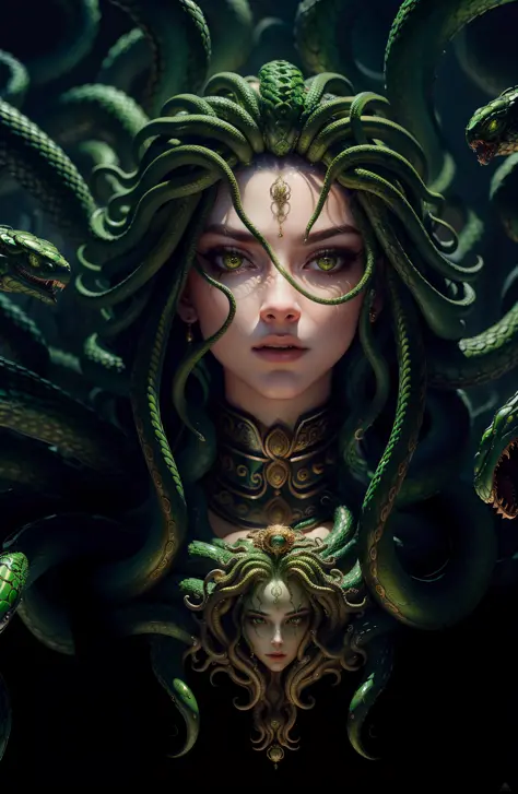 ((best quality)), ((masterpiece)), ((realistic)), Medusa, full body, the hair is composed of countless small snakes, green eyes,...