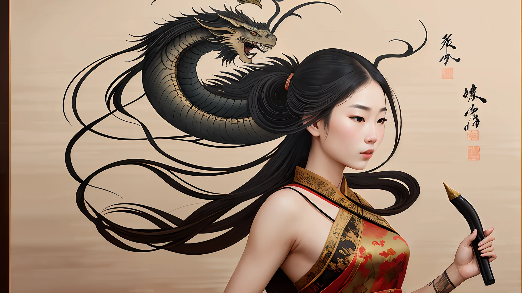 obra maestra, pintura tradicional china en tinta, 1 chica, pelo largo, mirar al espectador, fastidiar, espíritu, largo, dunhuang_Estilo, dunhuang_paños, Cuerno de dragón UHD, un dragón esta volando, 4k, mejor calidad, Súper detalle, premiado, alta calidad, mejor calidad, detalles altos