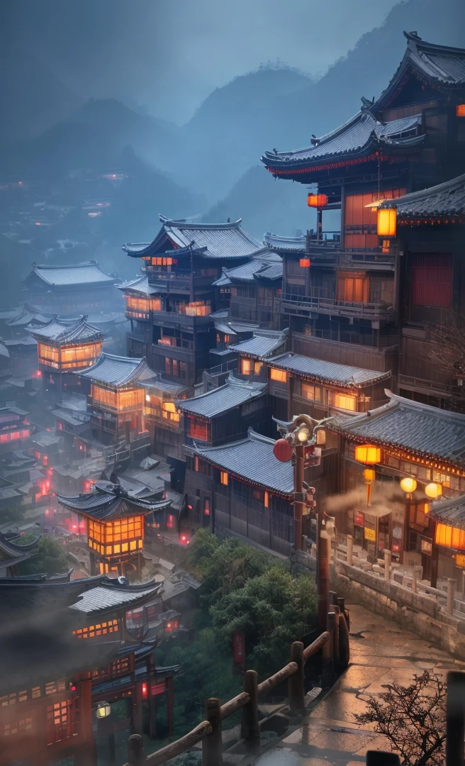 建物にたくさんの明かりが灯る村のアラフェードビュー, 夢のような中国の街, 中国の村, 素晴らしい壁紙, 日本人街, 日本の村, 超リアルな町の写真, 古いアジアの村, 日本の都市, レイモンド・ハン, 雨の夜, サイバーパンク中国古代城, 美しく照らされた建物, 雨の夕方, 美しく、審美的, 写真, 映画のような, 8k, 詳細な ((大雨)))