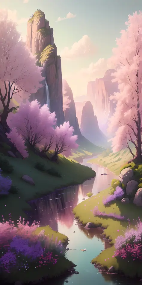 High quality, highly detailed CG unity 8k wallpaper beautiful landscape oil painting valley green leaves purple and pink flowers floating in the air