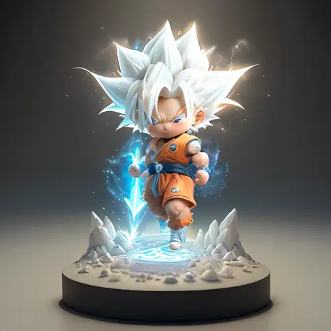Goku, super saiyan, exquisite hair, arm depiction, white and blue hair body, exquisite shoes, eye depiction, exquisite hair, popmart blind box, clay texture, stepping on the land, black and white background, natural lighting, most good quality, super detai...
