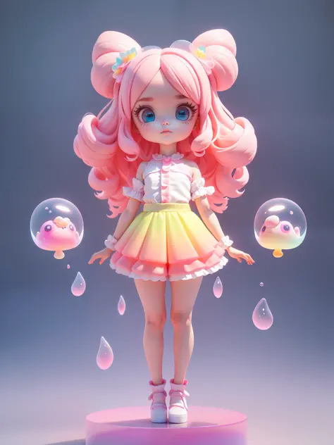 Detailed plastic materials, ((same character, front, side, back)) best quality, (very detailed model), (best quality), octane rendering, ray tracing, very detailed, 3D toys , exaggerated huge hair, little girl (full body) (3D hair, cute hair accessories, ((children)), beautiful eyes, cute big eyes, cute face, pink-green gradient, drum skirt, cute skirt, chib, fluorescent half Transparent, colorful, plastic, children, transparent, product design, luminous jelly, exquisite and cute plastic, beautiful light and shadow 3d, digital art, translucent plastic bubble gum, close-up, 3d, ultra-detailed, generate front view, side view, rear view three views , Borderless, c4d, Octane rendering, Blender, HD, full body, simple background!