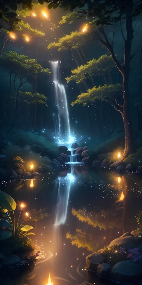 Masterpiece, best quality, (very detailed CG unity 8k wallpaper), (best quality), (best illustration), (best shadows), glow sprite, with a glowing deer, in the swimming pool Drinking water, natural elements in the forest theme. Mysterious forest, beautiful...