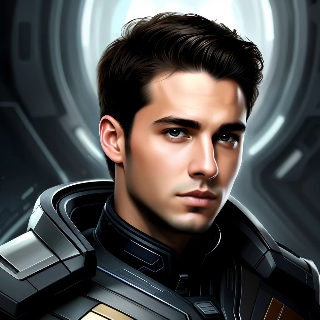 masterpiece, best quality, realistic, ultra detailed, sfw, head shot, a portrait of a young man, starsector, sci-fi style suits, tech gadgets, head facing right,