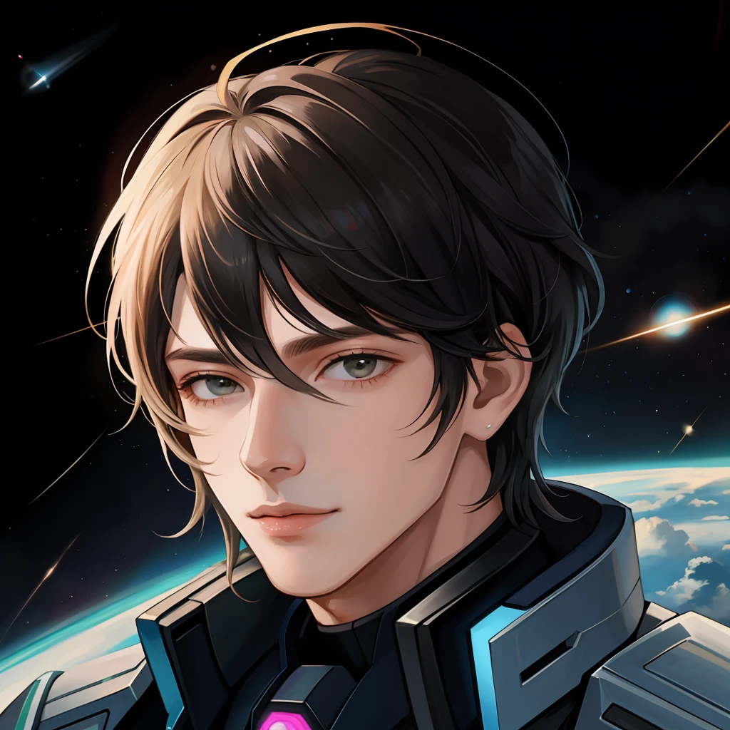 masterpiece, best quality, realistic, ultra detailed, sfw, head shot, a portrait of a young man, starsector, sci-fi style suits, hight-tech gadgets, head facing right,