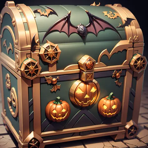 Superb, Realistic, Treasure Chest, Halloween Treasure Chest, Bat Pattern, Pumpkin Logo--v6