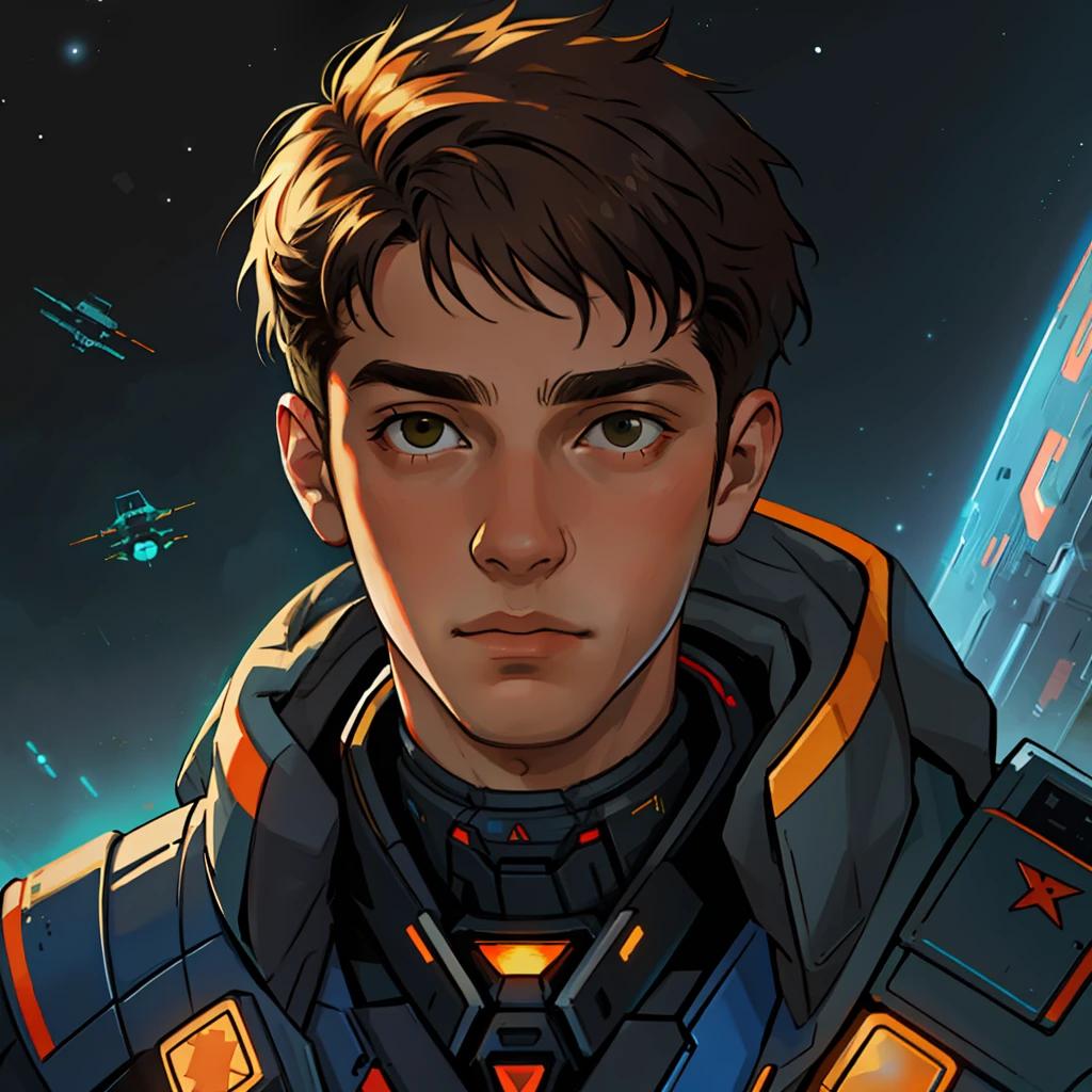 masterpiece, best quality, realistic, ultra detailed, sfw, head shot, a portrait of a young man, starsector, sci-fi style suits, hight-tech gadgets, head facing right,