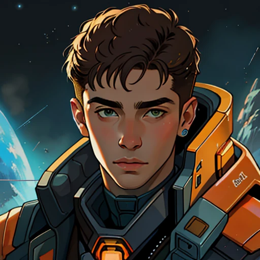 masterpiece, best quality, realistic, ultra detailed, sfw, head shot, a portrait of a young man, starsector, sci-fi style suits, hight-tech gadgets, head facing right,