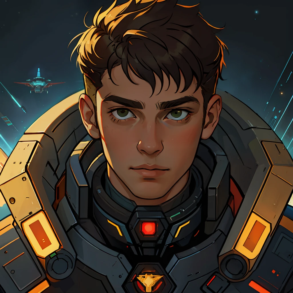 masterpiece, best quality, realistic, ultra detailed, sfw, head shot, a portrait of a young man, starsector, sci-fi style suits, hight-tech gadgets, head facing right,