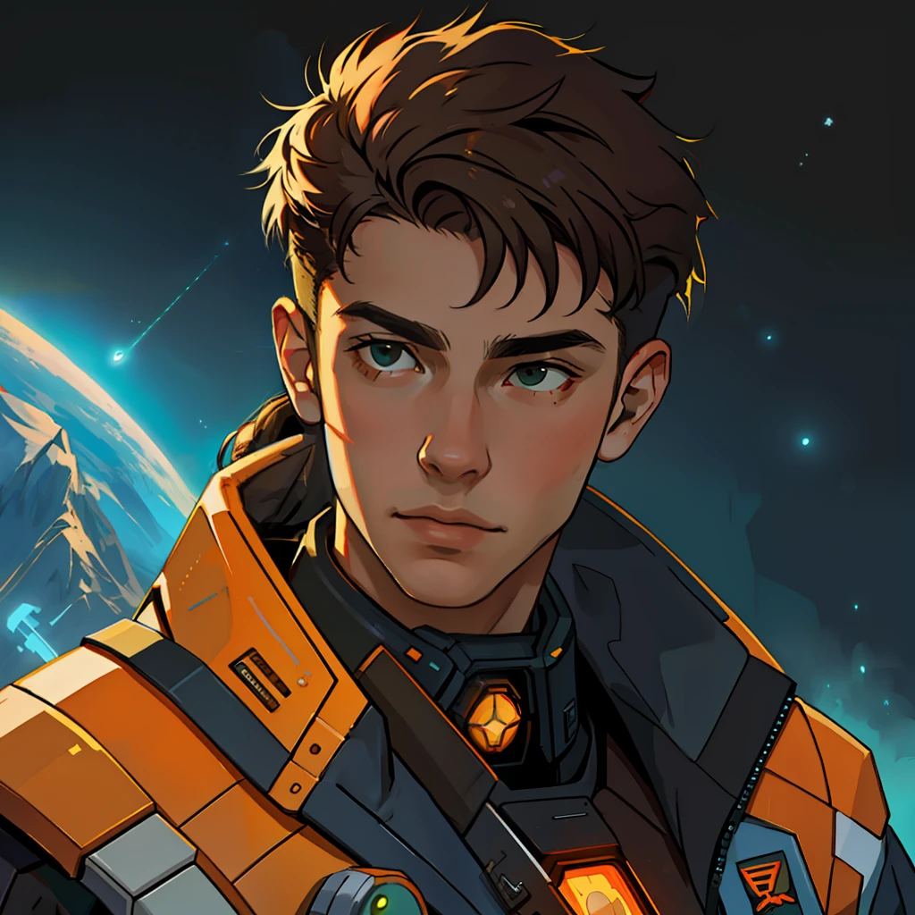 masterpiece, best quality, realistic, ultra detailed, sfw, head shot, a portrait of a young man, starsector, sci-fi style suits, hight-tech gadgets, head facing right,