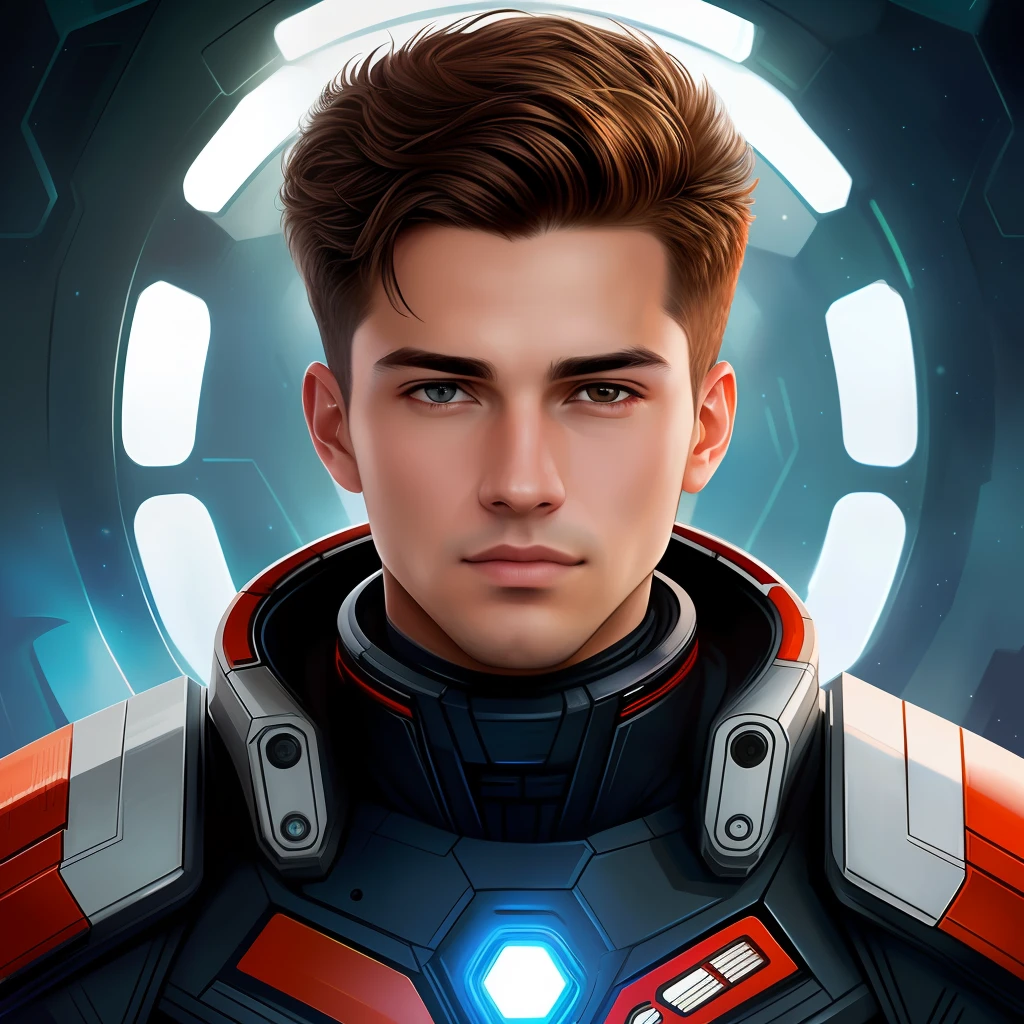 masterpiece, best quality, realistic, ultra detailed, sfw, head shot, a portrait of a young man, starsector, sci-fi style suits, hight-tech gadgets, head facing right,