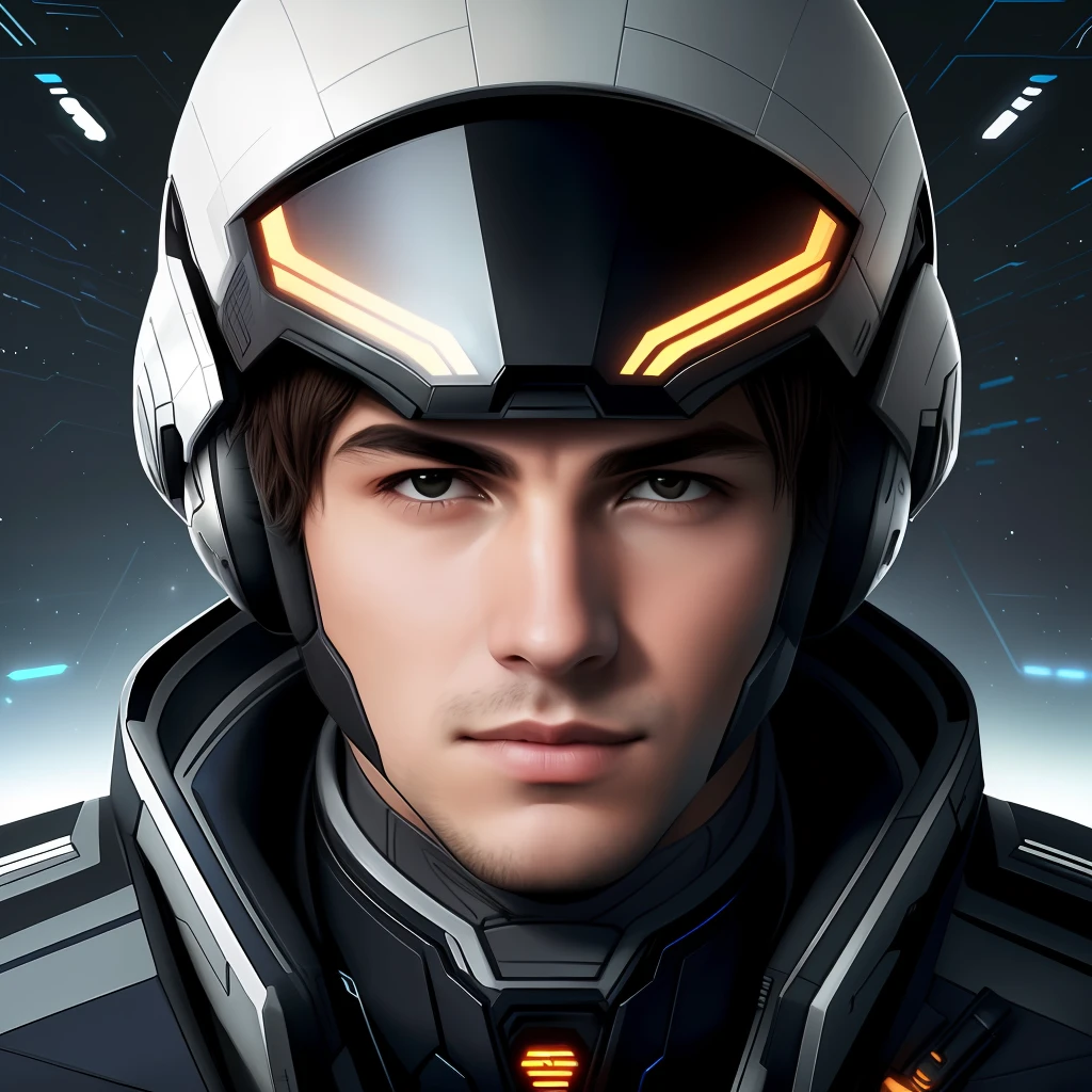 masterpiece, best quality, realistic, ultra detailed, sfw, head shot, a portrait of a young man, starsector, sci-fi style suits, hight-tech gadgets, head facing right,