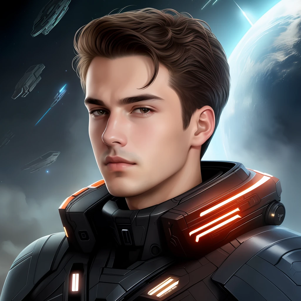 masterpiece, best quality, realistic, ultra detailed, sfw, head shot, a portrait of a young man, starsector, sci-fi style suits, hight-tech gadgets, head facing right,