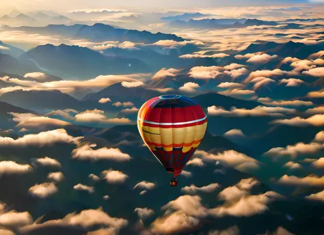 ultra-clear image quality (masterpiece), wide-angle lens, high-altitude hot air balloon foreground, realistic natural light and ...