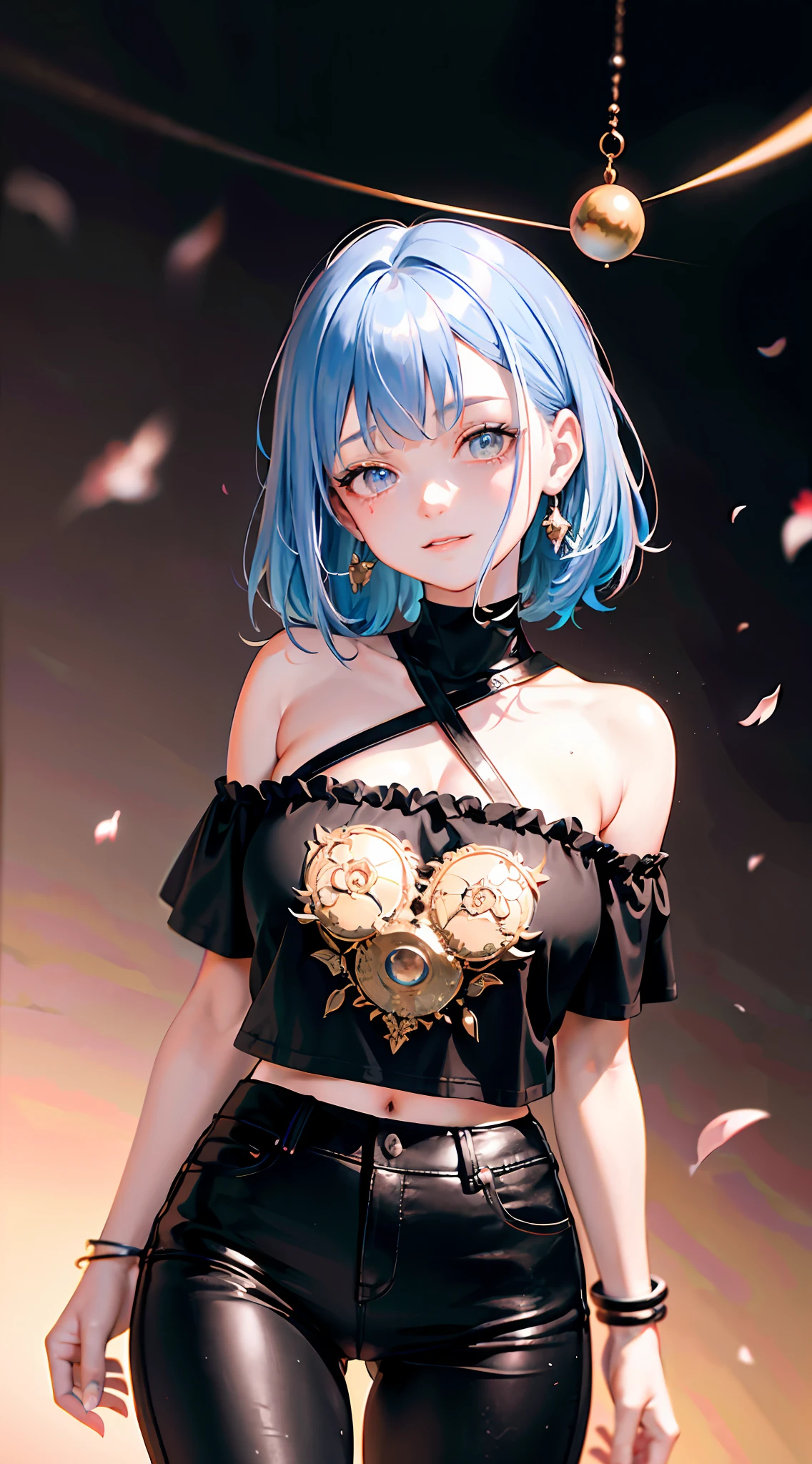 (extremely detailed 8k wallpaper),a medium shot photo of a fearful necromancer, intricate, high detail, dramatic,8k,((masterpiece,ultra-detailed, intricate details, mid quality,illustration)),1girl, solo, highres, looking at viewer, brown and pastel blue hair, short hair, black t-shirt, smiling, wearing t-shirt, wearing black jeans,black earings,street, cherry tree, petals falling, sunlight shining through, solar system, feminine, empowered, beautiful, detailed,wide shot, blush, pretty