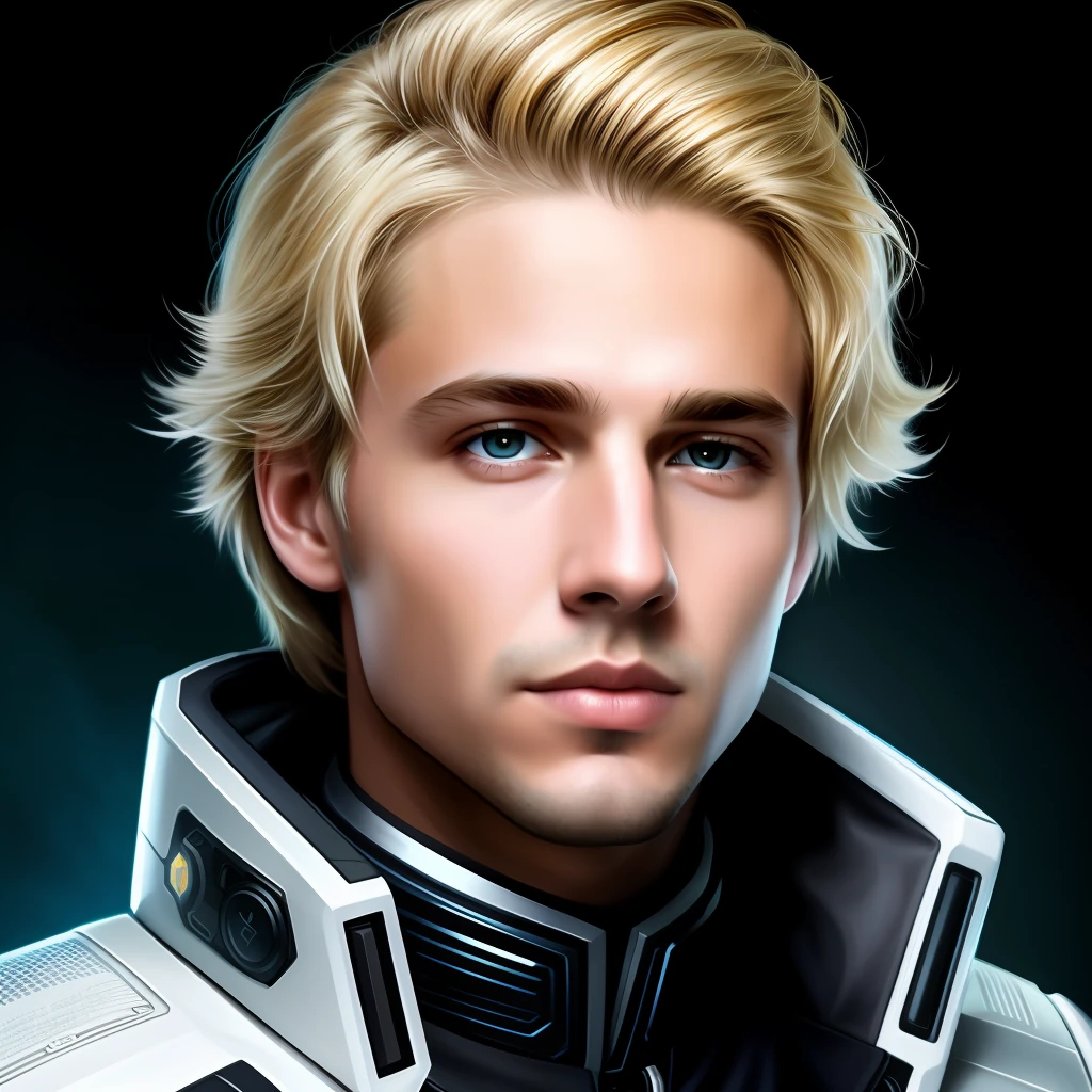 masterpiece, best quality, realistic, ultra detailed, sfw, head shot, a portrait of a young blond man, starsector, sci-fi style clothing, hight-tech gadgets,