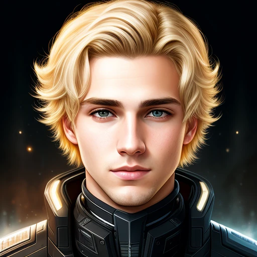 masterpiece, best quality, realistic, ultra detailed, sfw, head shot, a portrait of a young blond man, starsector, sci-fi style clothing, hight-tech gadgets,