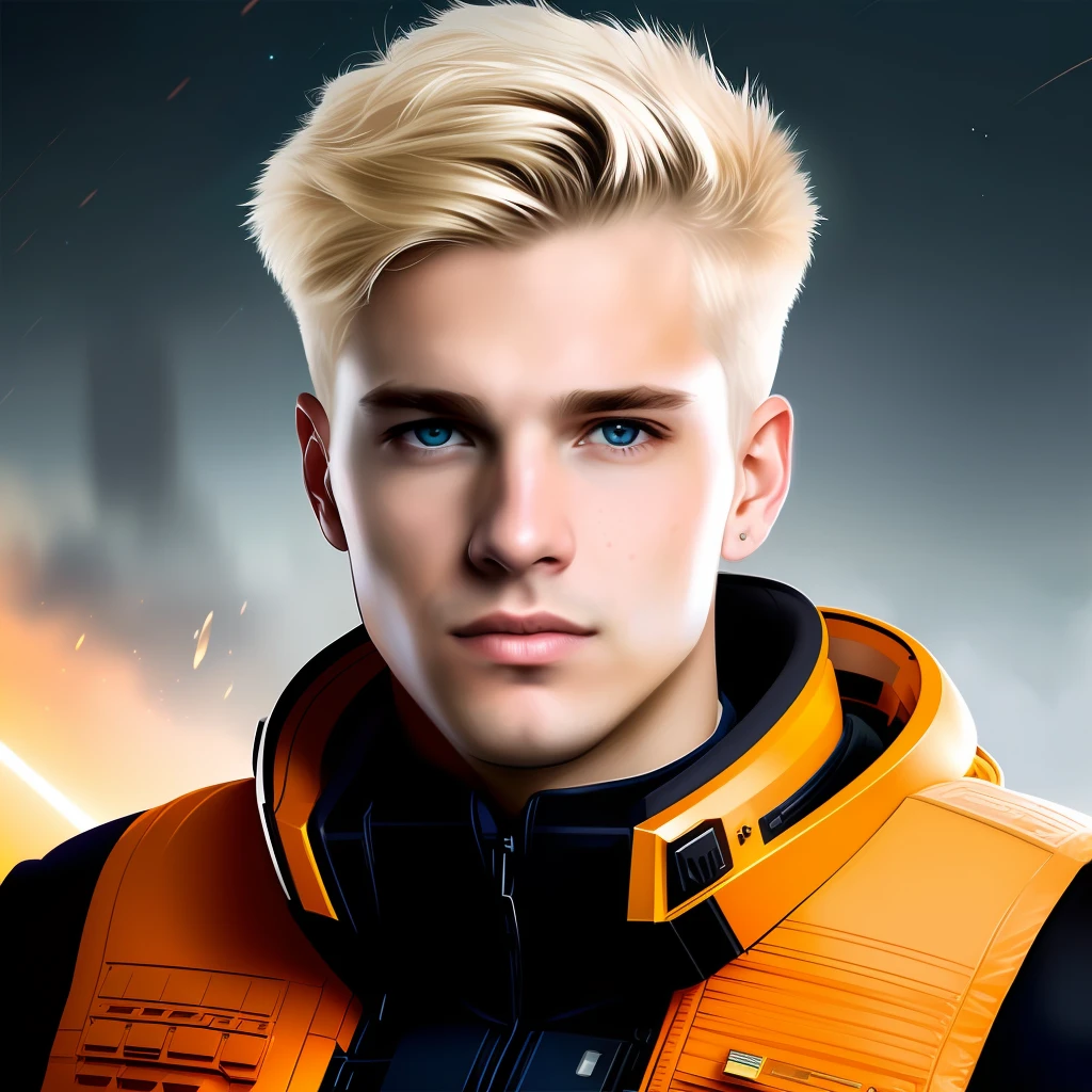 masterpiece, best quality, realistic, ultra detailed, sfw, head shot, a portrait of a young blond man, starsector, sci-fi style clothing, hight-tech gadgets,