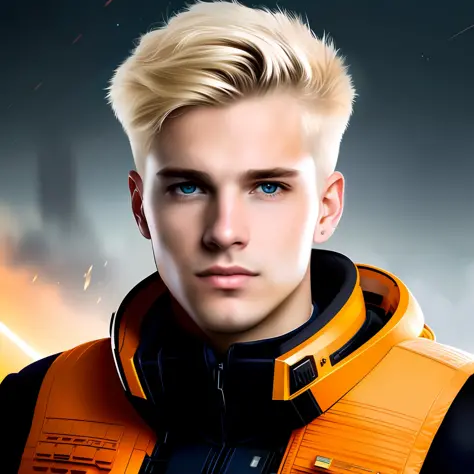 masterpiece, best quality, realistic, ultra detailed, sfw, head shot, a portrait of a young blond man, starsector, sci-fi style ...