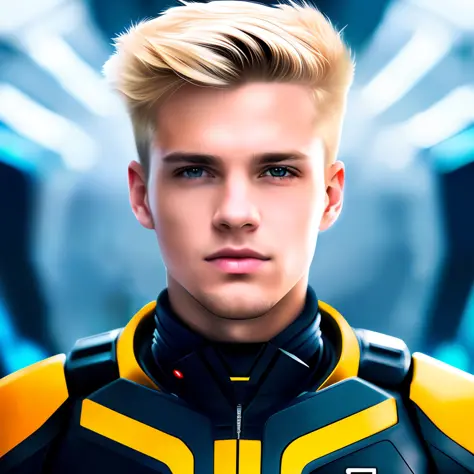 masterpiece, best quality, realistic, ultra detailed, sfw, head shot, a portrait of a young blond man, starsector, sci-fi style ...