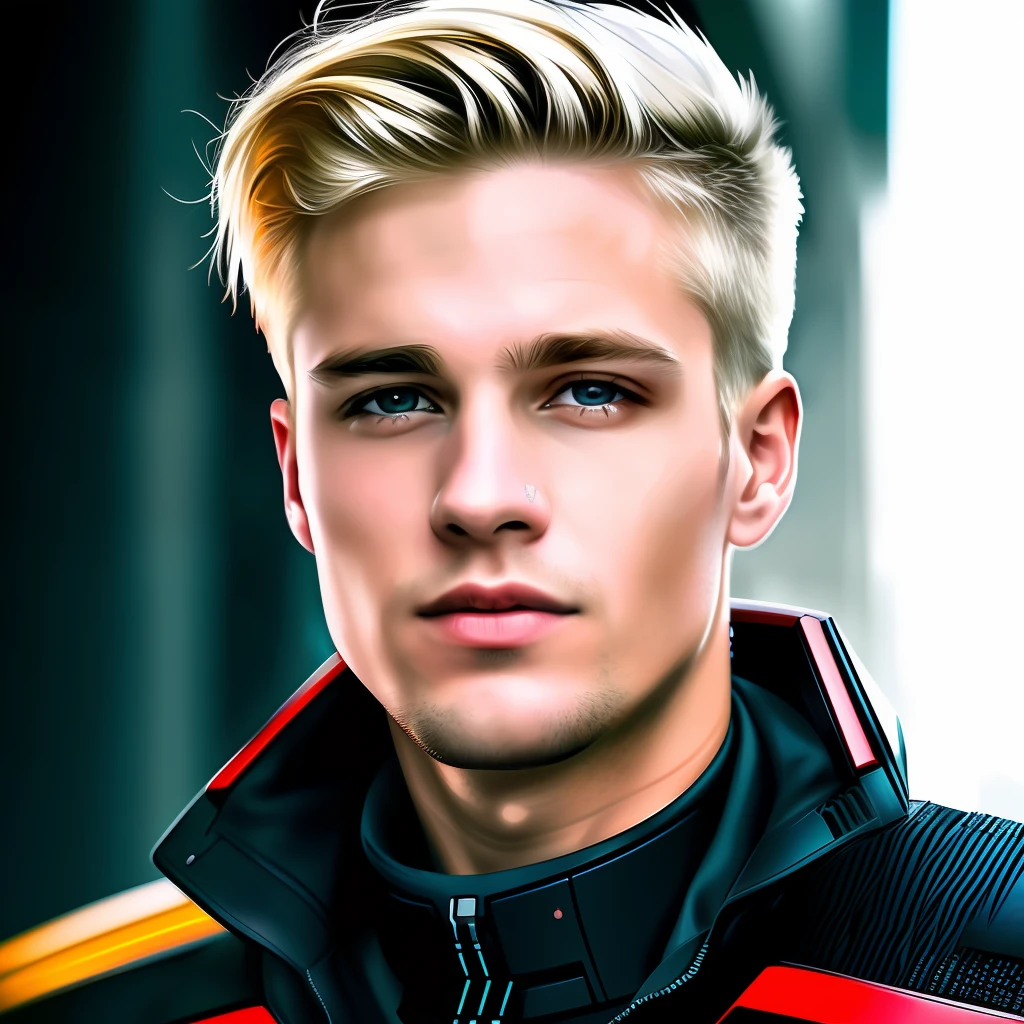 masterpiece, best quality, realistic, ultra detailed, sfw, head shot, a portrait of a young blond man, starsector, sci-fi style clothing, hight-tech gadgets,