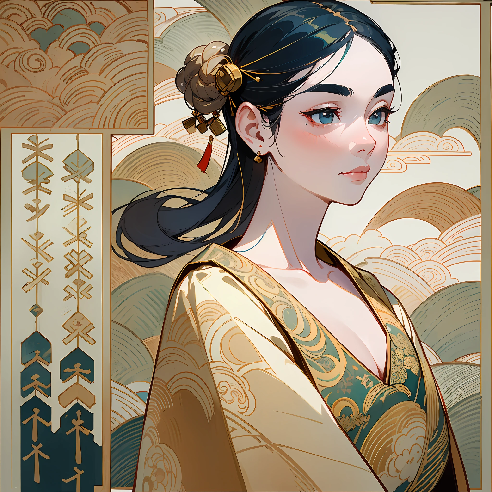 A close up of a woman in a kimono dress with a gold background - SeaArt AI