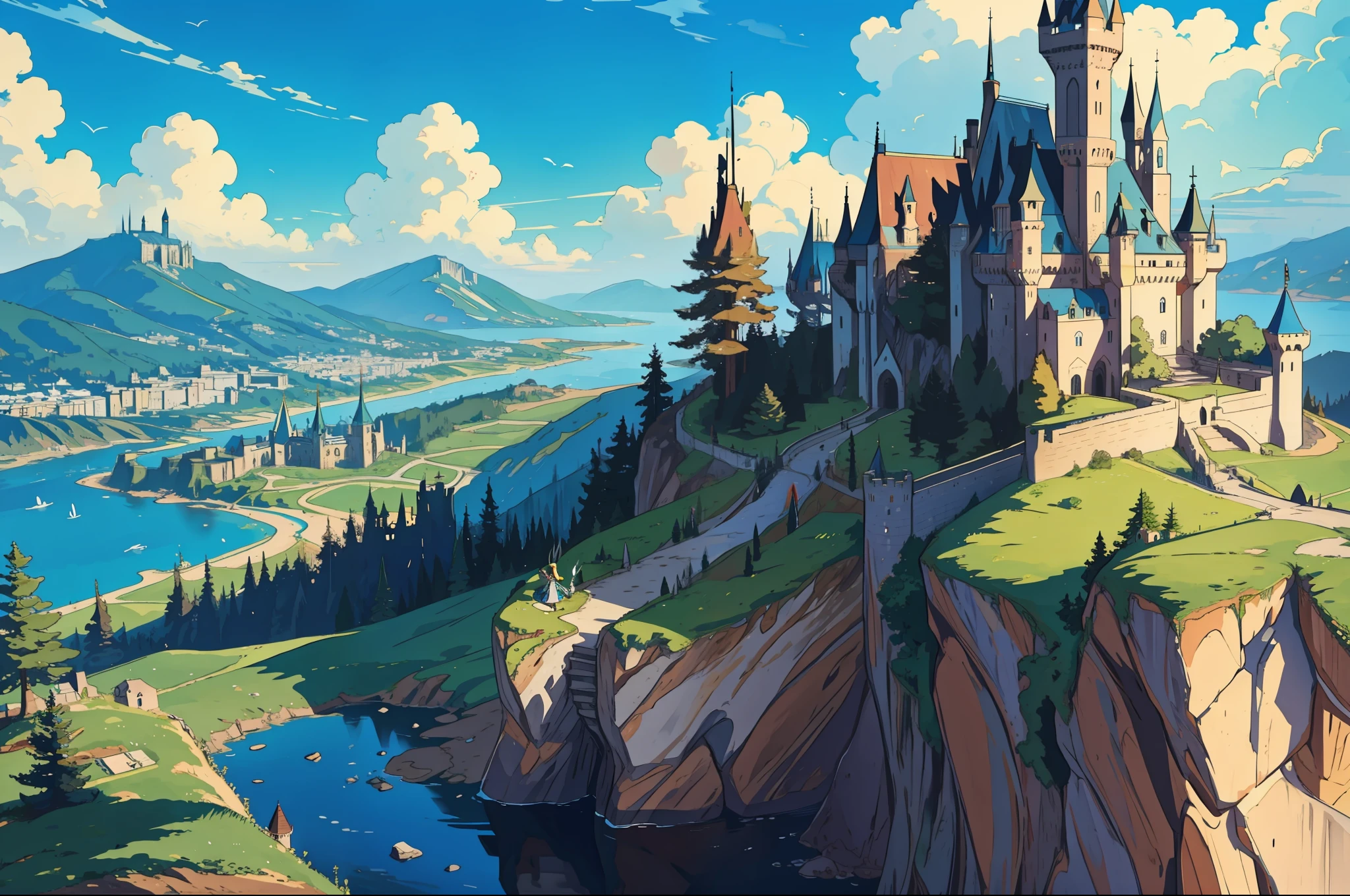 Obra de arte, melhor qualidade, garota elfa no topo de um penhasco, com vista para uma cidade grande com castelo ao lado de uma montanha, vista aérea - v6