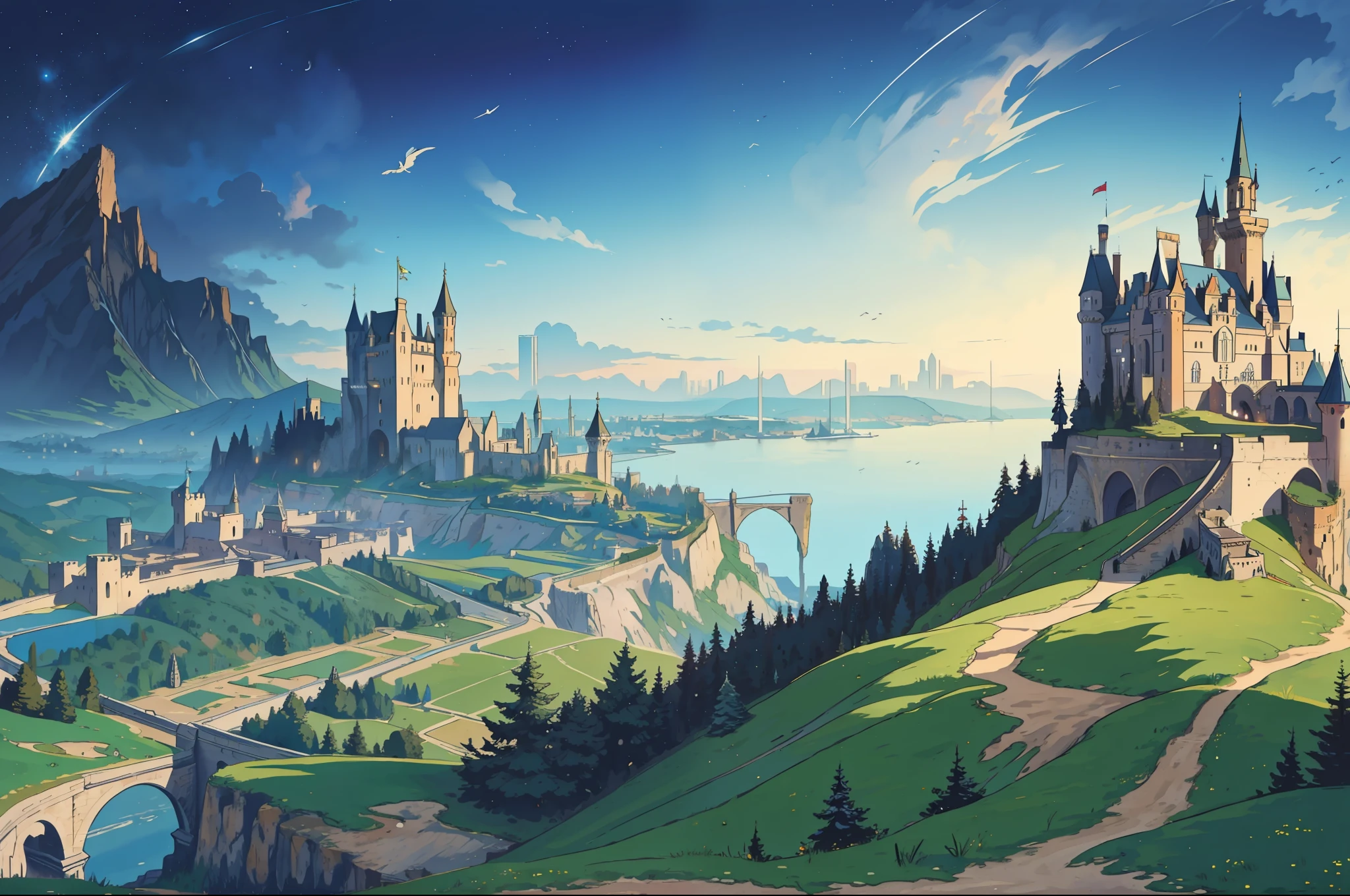 Obra maestra, mejor calidad, niña elfa en la cima de un acantilado, Con vistas a una gran ciudad con un castillo al lado de una montaña., vista aérea--v6