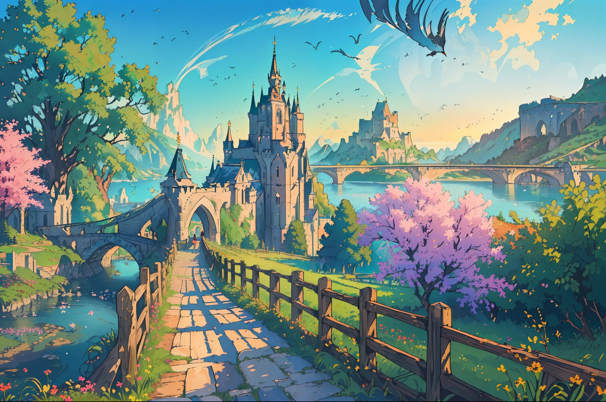 ((masterpiece,best quality,official art,unity 8k wallpaper,absurdres , highres, (1girl:1.4),looking ahead,(breathtaking landscapes:1.2), natural wonders, serene vistas, outdoor exploration, (diverse ecosystems:1.2), scenic beauty, tree,castle,village,flowers,bridge,fence, birds--v6