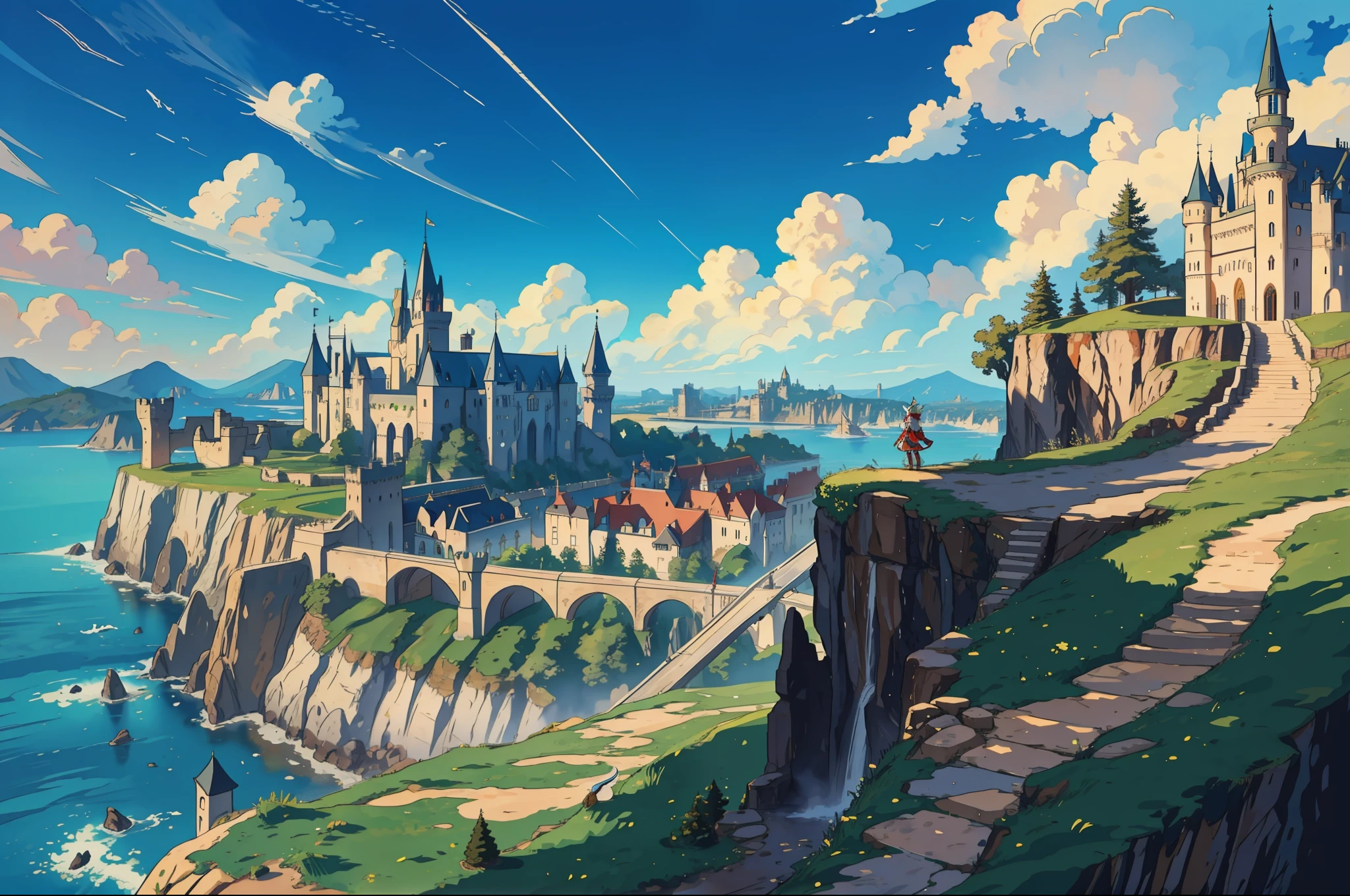 masterpiece, best quality, elf girl on top of a cliff, overlooking a big city with castle at the side of a mountain, aerial view--v6
