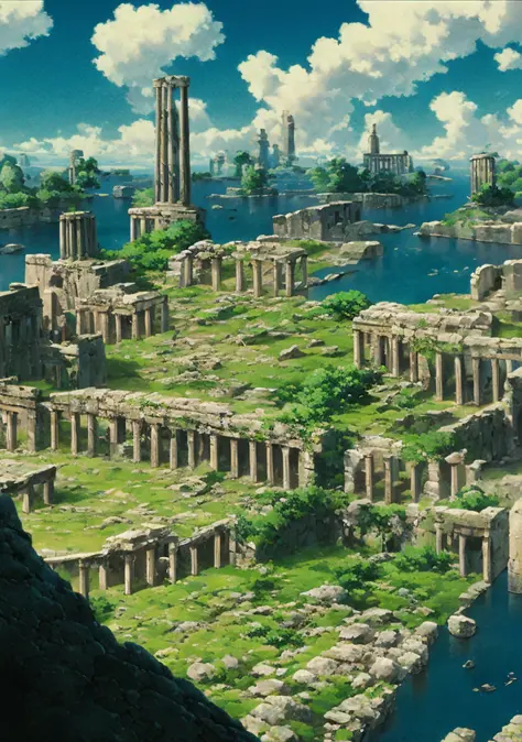 Masterpiece, best quality, high quality, extremely detailed CG unity 8k wallpaper, landscape, ancient ruins background, city ruins in the background, ruins, gigantic pillars, ruins landscape, ancient marble city, greek-esque columns and ruins, ancient city...