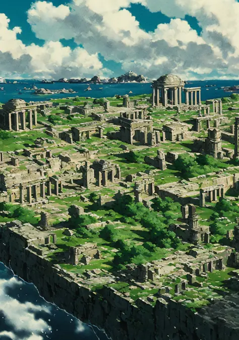 Masterpiece, best quality, high quality, extremely detailed CG unity 8k wallpaper, landscape, ancient ruins background, city ruins in the background, ruins, gigantic pillars, ruins landscape, ancient marble city, greek-esque columns and ruins, ancient city...