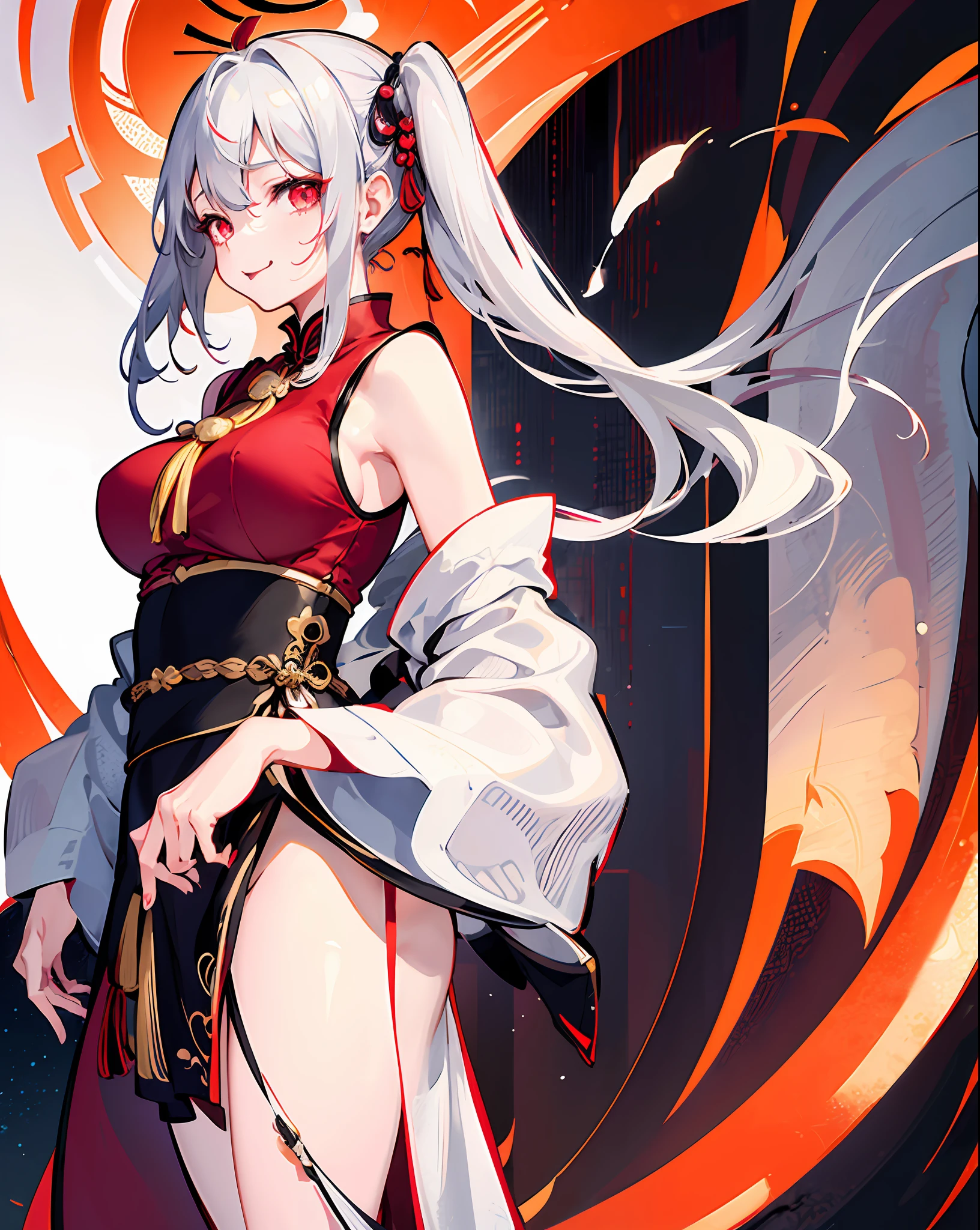 1 girl, big breasts, jiangxi, jingguan mao, breast seal, seal, ((long hair)), white hair, Chinese dress, cowboy shot, tongue sticking out, heart-shaped eyes, unusually long hair, (( (arms behind))), (((tied) ))),