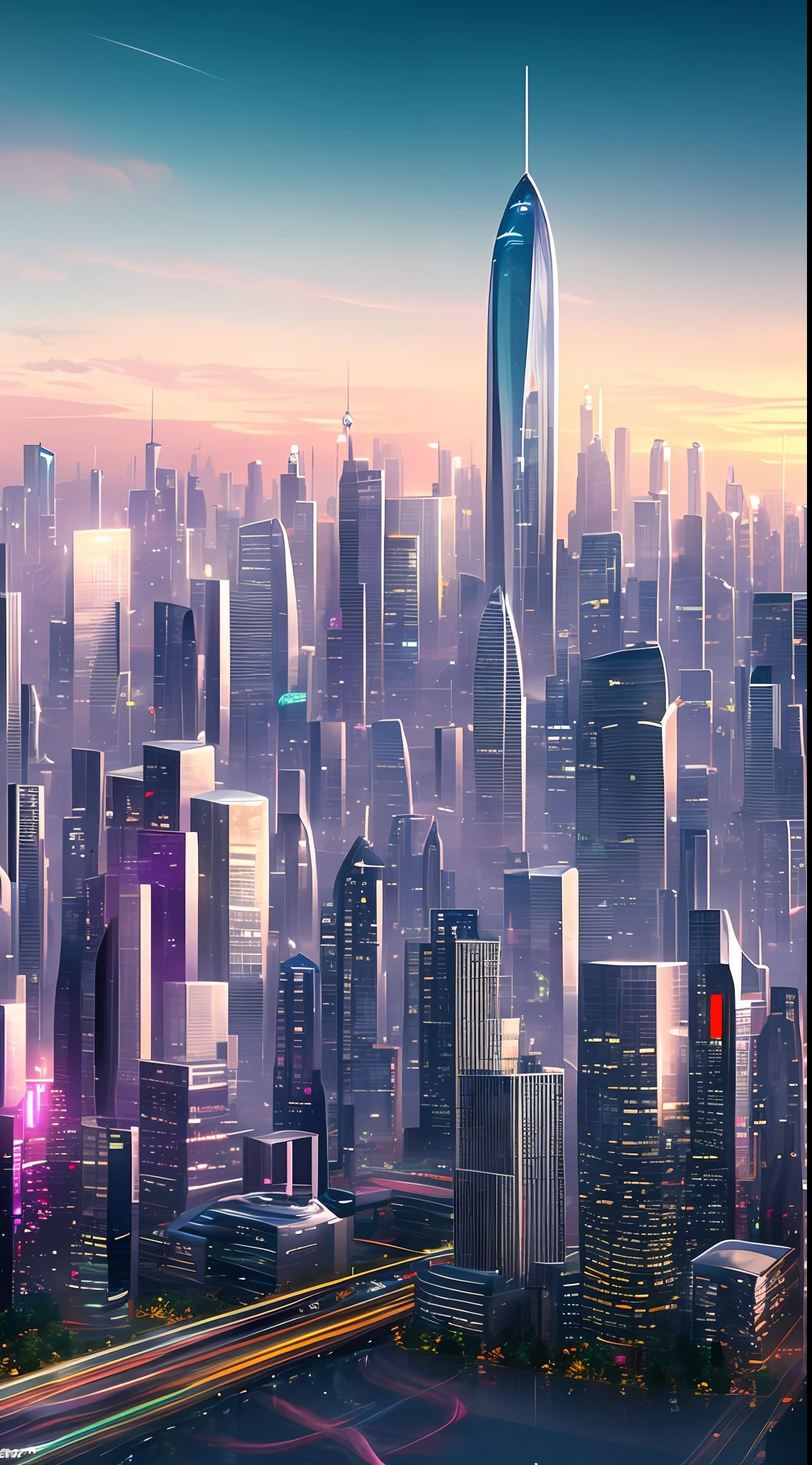 Style: Concept art. The scene: Futuristic cityscapes with towering skyscrapers and sleek aerodynamic vehicles speeding through the air. High-resolution OLED GUI interfaces in the building&#39;s windows are filled with transparent data visualization infographics showing everything from weather patterns to traffic flow. Colors are saturated and vibrant, with warm pinks and purples dominating the skyline. The overall effect is both beautiful and awe-inspiring.