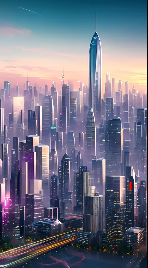 Style: Concept art. The scene: Futuristic cityscapes with towering skyscrapers and sleek aerodynamic vehicles speeding through t...