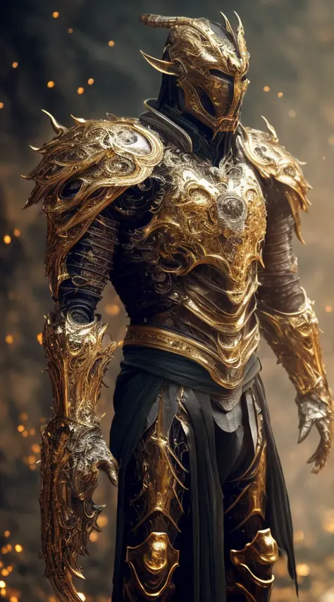 a close up of a man in armor with a golden sword, gold heavy armor. dramatic, stunning armor, golden armor, detailed fantasy armor, black and golden armor, beautiful armor, gold armor, fantasy armor, intricate golden armor, golden armour, fantasy warrior i...