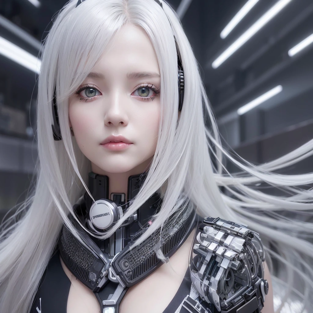 Close up of woman with long white hair in black and silver costume, cyborg - girl with silver hair, beautiful white girl cyborg, perfect android girl, cute cyborg girl, 3d rendering character art 8k, beautiful Cyborg girlBeautiful androidGirlsCyberpunkAnime girls Beautiful android! Perfect animeCyborgFemale Cyborg girl Beautiful eyes