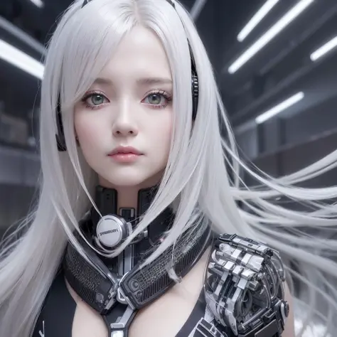 Close up of woman with long white hair in black and silver costume, cyborg - girl with silver hair, beautiful white girl cyborg, perfect android girl, cute cyborg girl, 3d rendering character art 8k, beautiful Cyborg girlBeautiful androidGirlsCyberpunkAnim...