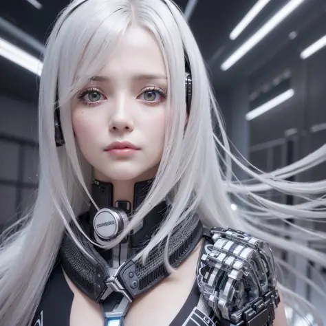 Close up of woman with long white hair in black and silver costume, cyborg - girl with silver hair, beautiful white girl cyborg, perfect android girl, cute cyborg girl, 3d rendering character art 8k, beautiful girl cyborg, beautiful female android, female ...