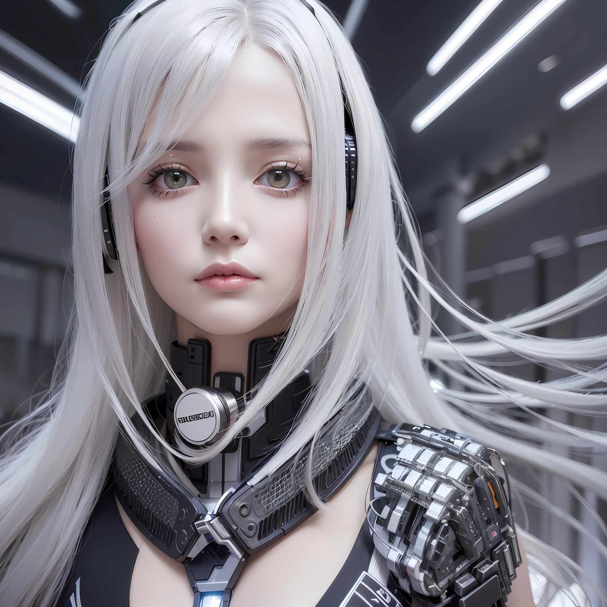 Close up of woman with long white hair in black and silver costume ...