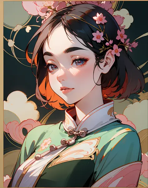 A beautiful Chinese girl, wearing peony hair accessories, wearing ancient Chinese clothing, beautiful details, rich light, beautiful female body, lancet eyebrow, meticulous eyes, flowing skirt, floating clouds, watercolor, ink painting, harmonious and unified tone, Xin Qi rendering, perfect art, fresh color background, ancient Chinese artist Qiu Ying style, soft shadow, Clean sharp focus, cinematography, center composition, poster design, cinematography, Panorama, 32K, -- v 6
