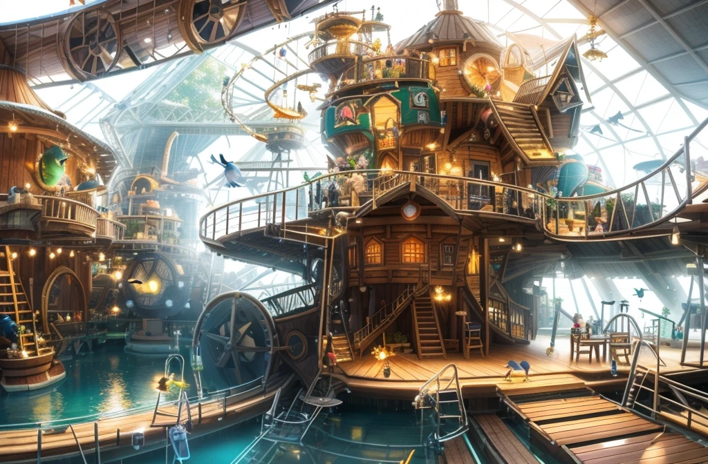 3D architectural rendering, vast, open barn transformed into an indoor playground, bustling with activity. Children and adults, charming wooden cabins, one of which is equipped with an adjacent rotating ((cylindrical slide)). A wooden suspension bridge, realistically rendered with detailed textures and shadows, leads to another cabin in the top right of the image, where a delightfully animated 3D model of a little girl is seen running across. On the left, a (water park) shimmers under the virtual lighting, its pool crowned by a whimsically designed fountain. The fountain, meticulously modelled in 3D, features a stack of bird sculptures - a large bird at the base, a parrot in the middle, and a toucan at the top, each spouting water from their beaks. In the foreground, 3D models of adults sit at small wooden tables, engaged in a meal, their position and interaction adding depth and perspective to the scene.