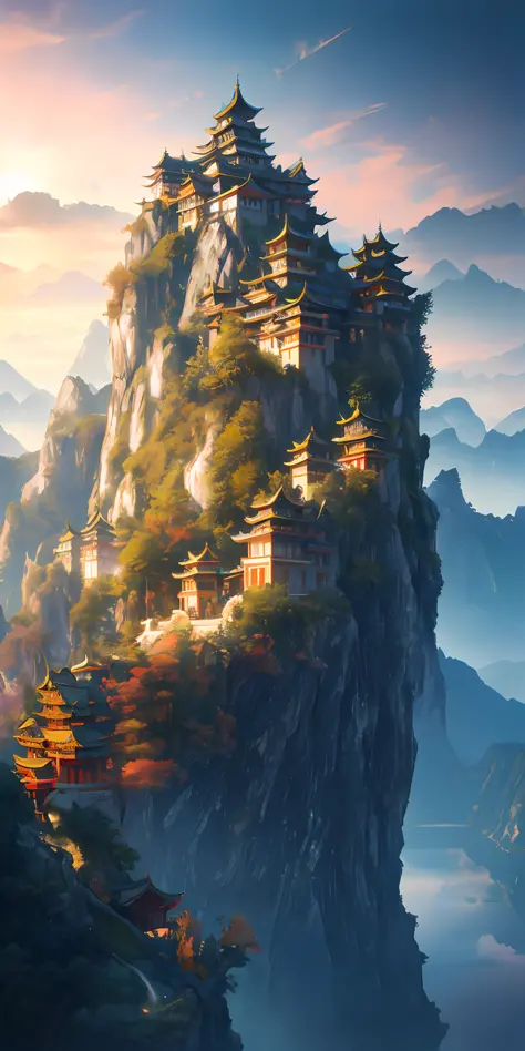 Masterpiece, best quality, high quality, extremely detailed CG unity 8k wallpaper, outdoor, sky, clouds, night, no humans, mountain, chinese style palace sits on the hillside, moonlight, cinemagraph, landscape, water, trees, dark sky, waterfall, cliff, nat...