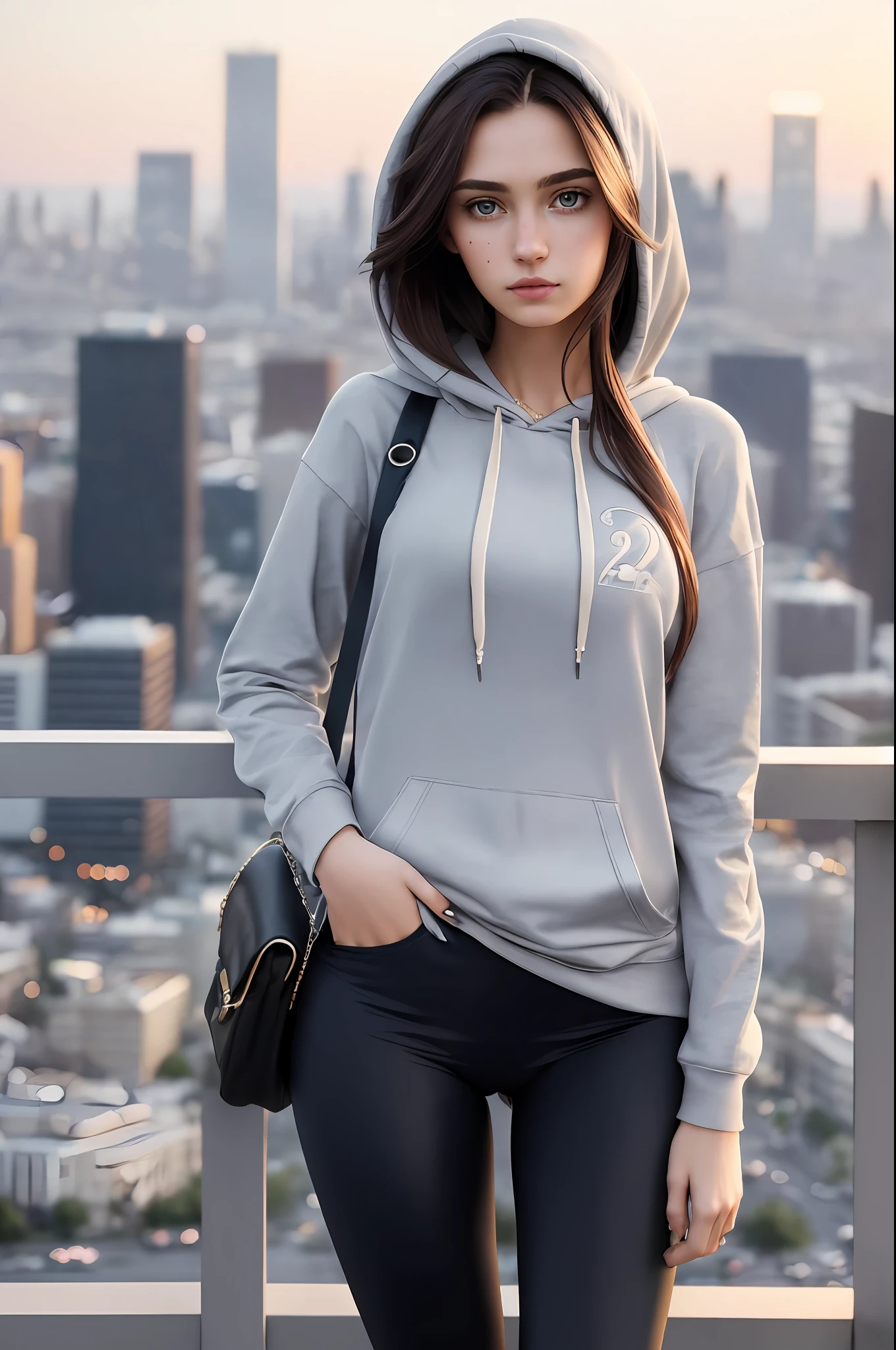 Photo de deux belles femmes portant des chemises décontractées, sweatshirt à capuche, sac à chaîne en diamant et leggings au lever du soleil, debout devant les toits de la ville, cheveux mi-épais en désordre, Fine construction, photo moyenne du haut du corps, Regarder la caméra, petit sourire, Faible profondeur de champ, 8k euh, Reflex numérique, Lumière douce, Haute qualité, photoréalisme, photoréalisme, Hyperréalisme, photographie d&#39;art