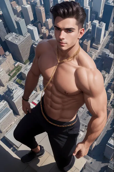 100 meter tall man, medium lenght hair, black eboy clothing, chains, dramatic lighting, highest quality, evil, Cinematic lighting, abs, hands raised, standing over city, (((top view))), toned body, perfect face, looking at viewer, detailed background, (det...