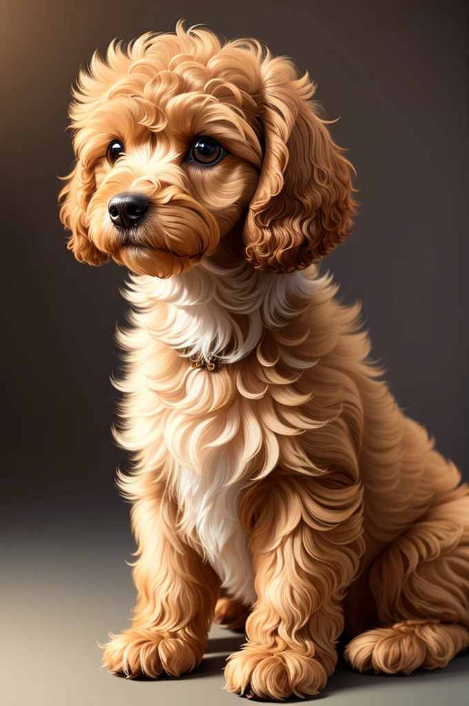 Very cute cavoodlepup illustration, 8k resolution, high resolution, super detailed, clear focus on brown poodle and very detailed character design. The use of rim lights, soft lights and sun flares should add depth and mood to the image. A fluffy, foggy, light gold floral background with a subtle mist effect is ideal, adding a touch of mystery to the illustration. Vibrant The colors should be used to bring the puppy to life, emphasizing the puppy&#39;s fluff and character.