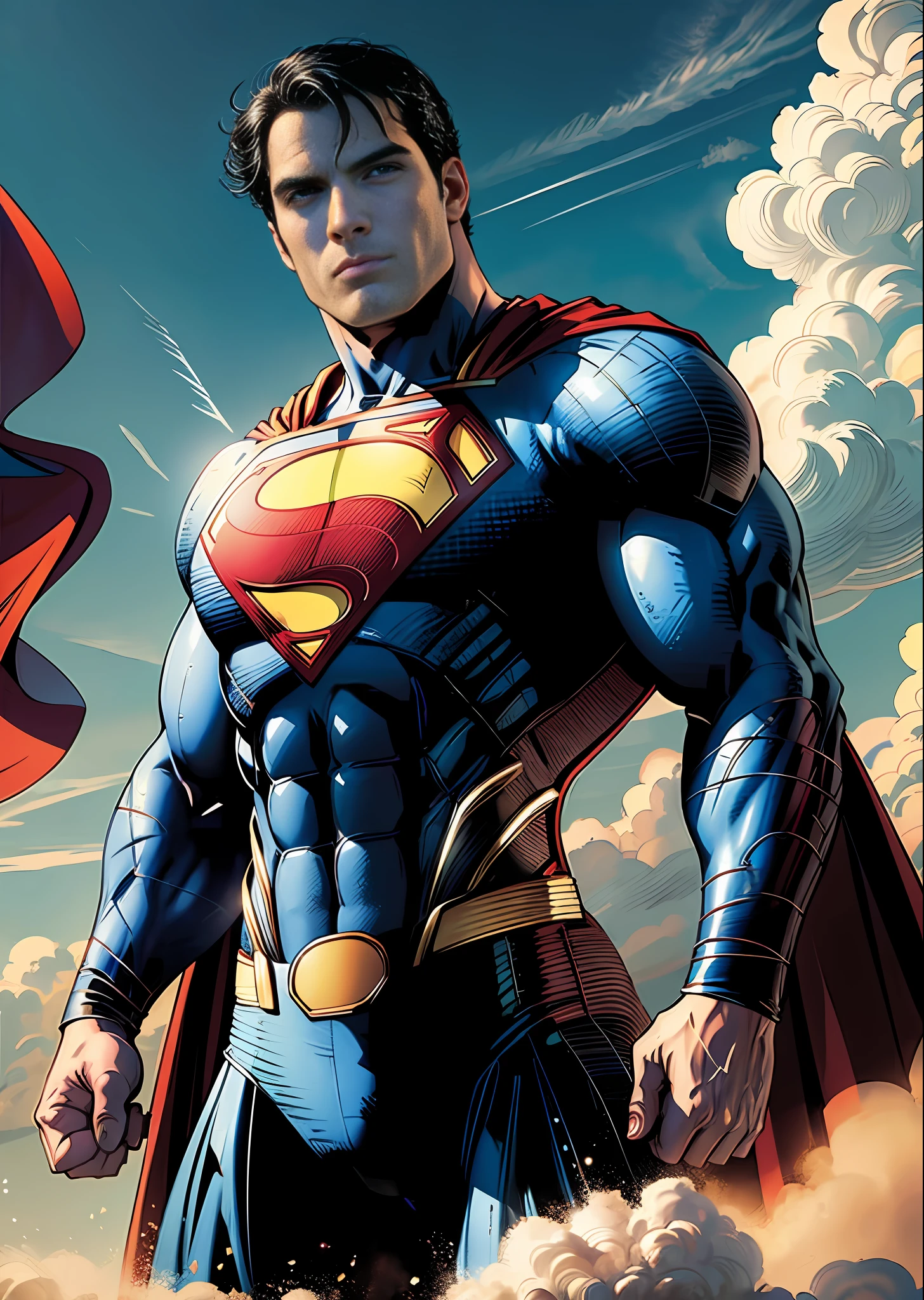 Superman standing in the clouds with his cape up - SeaArt AI