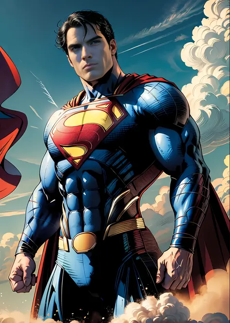 (henry cavil as superman), (Art by Jim Lee) magnificent sky background, dramatic, gorgeous, award winning, masterpiece,